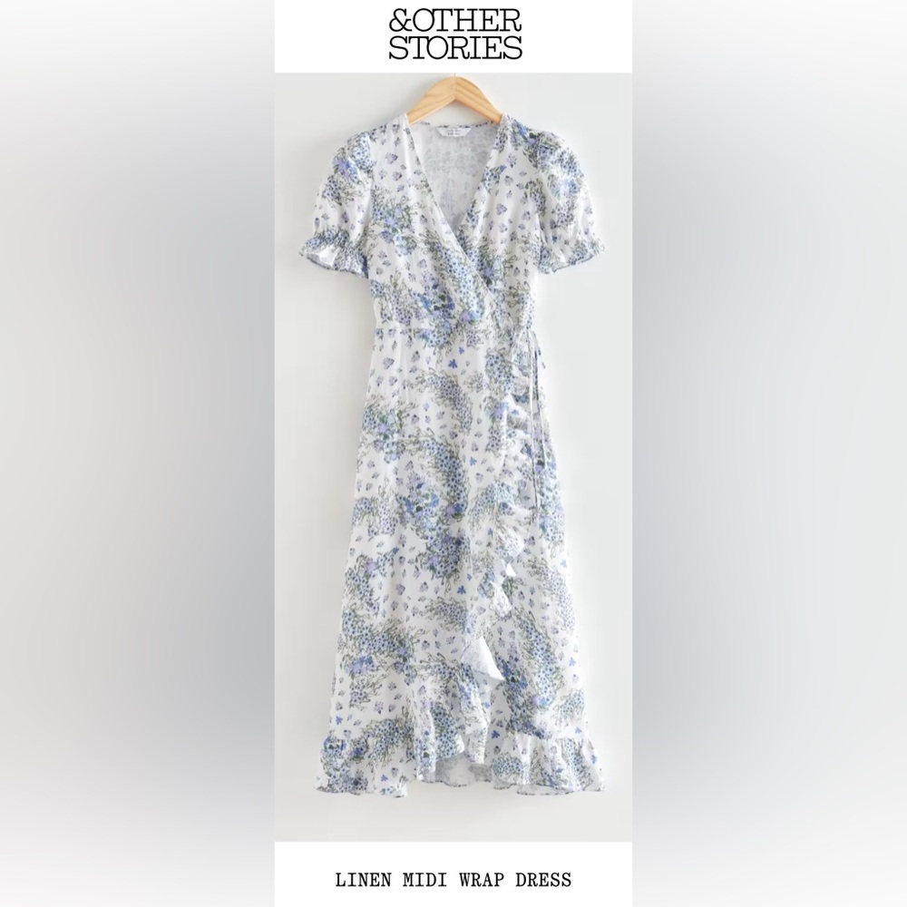 &OTHER STORIES BLUE AND WHITE FLORAL LINEN WRAP MIDI DRESS SIZE 0 - Picture 3 of 10